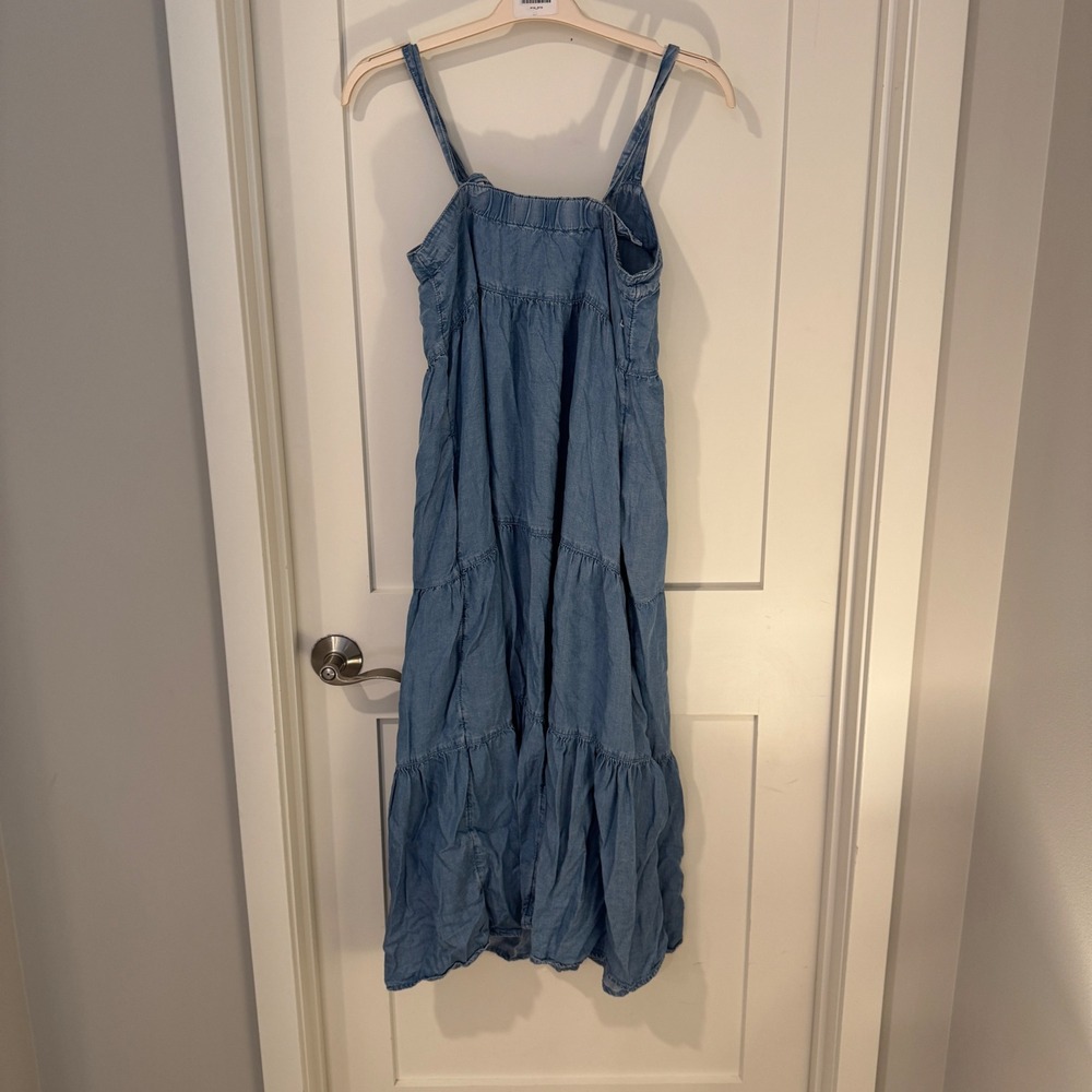 The Drop Women Blue Tencel Lyocell Tiered Midi Dress Smocked Back Small